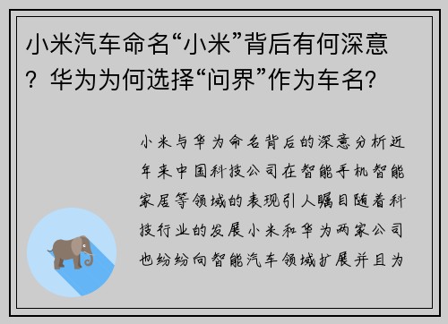 小米汽车命名“小米”背后有何深意？华为为何选择“问界”作为车名？