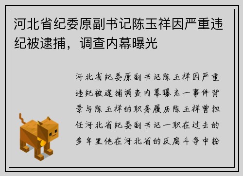 河北省纪委原副书记陈玉祥因严重违纪被逮捕，调查内幕曝光