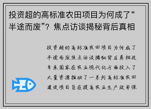 投资超的高标准农田项目为何成了“半途而废”？焦点访谈揭秘背后真相