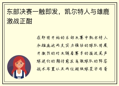 东部决赛一触即发，凯尔特人与雄鹿激战正酣