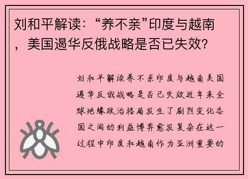 刘和平解读：“养不亲”印度与越南，美国遏华反俄战略是否已失效？