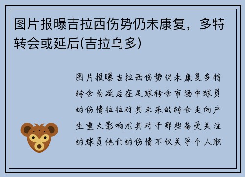 图片报曝吉拉西伤势仍未康复，多特转会或延后(吉拉乌多)