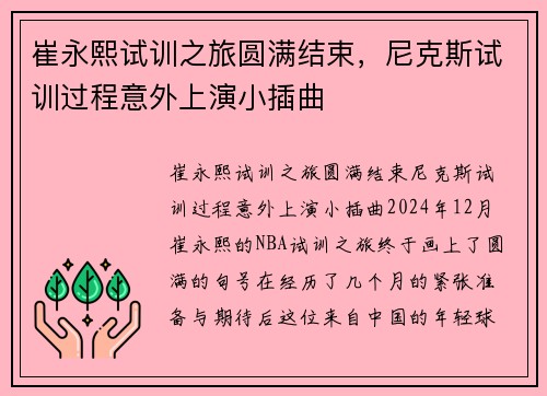 崔永熙试训之旅圆满结束，尼克斯试训过程意外上演小插曲