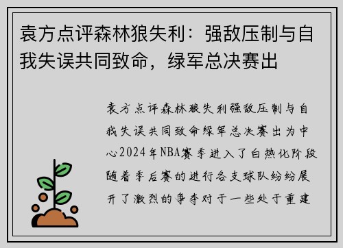 袁方点评森林狼失利：强敌压制与自我失误共同致命，绿军总决赛出