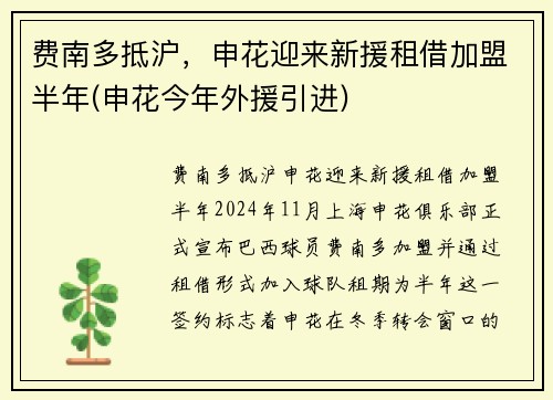 费南多抵沪，申花迎来新援租借加盟半年(申花今年外援引进)