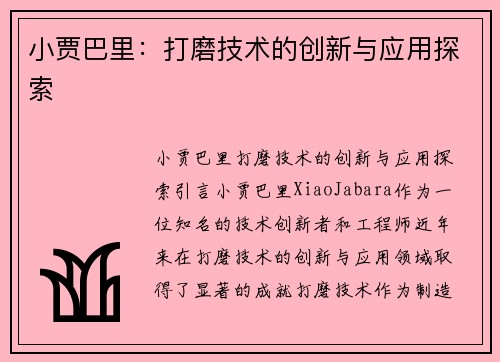 小贾巴里：打磨技术的创新与应用探索